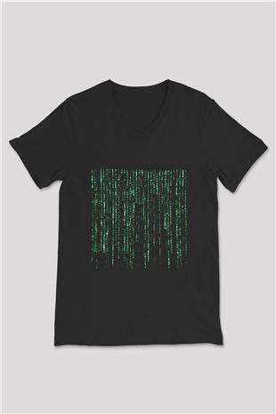 Unisex Matrix Baskılı Siyah V Yaka T-shirt