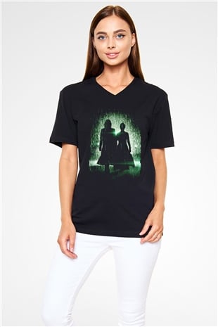 Unisex Matrix Baskılı Siyah V Yaka Tshirt