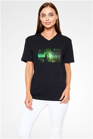 Unisex Matrix Resurrections (The Matrix Resurrections) Baskılı Siyah V Yaka T-shirt
