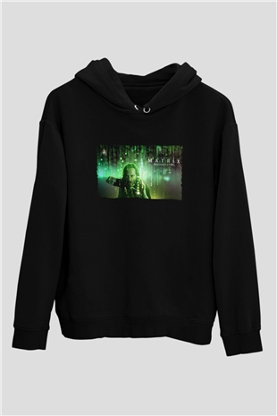 Unisex Matrix Resurrections (The Matrix Resurrections) Baskılı Siyah Kapüşonlu Sweatshirt