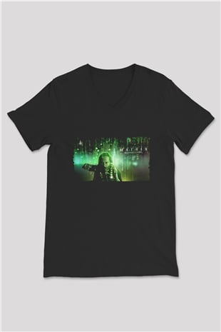 Unisex Matrix Resurrections (The Matrix Resurrections) Baskılı Siyah V Yaka T-shirt