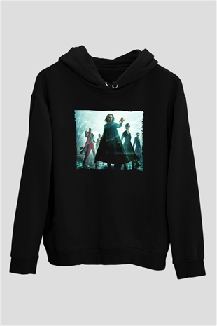 Unisex Matrix (The Matrix) Baskılı Siyah Kapüşonlu Sweatshirt