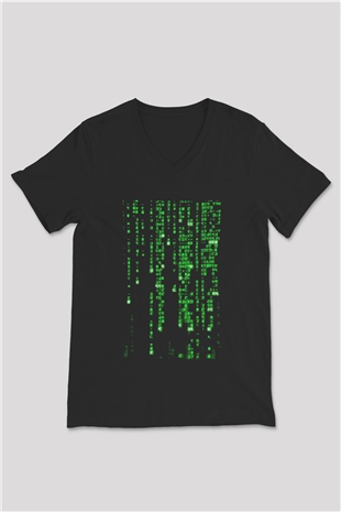 Unisex Matrix (The Matrix) Baskılı Siyah Unisex V Yaka Tshirt