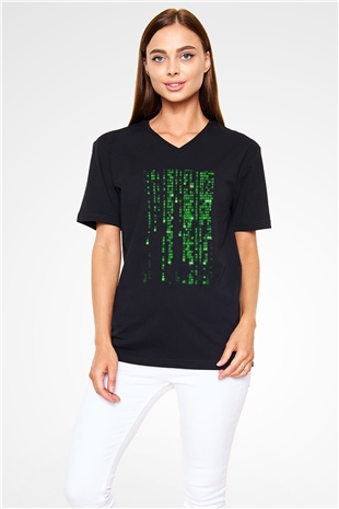 Unisex Matrix (The Matrix) Baskılı Siyah Unisex V Yaka Tshirt