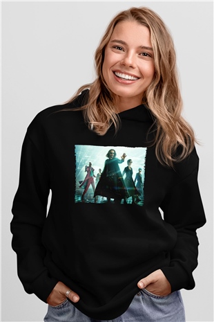 Unisex Matrix (The Matrix) Baskılı Siyah Kapüşonlu Sweatshirt