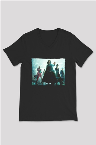 Unisex Matrix (The Matrix) Baskılı Siyah V Yaka Tshirt