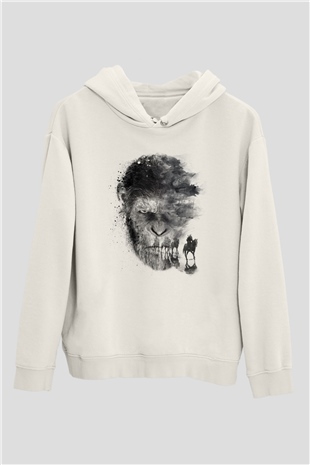 Unisex Maymunlar Cehennemi Savaş (War for the Planet of the Apes) Baskılı Beyaz Kapüşonlu Sweatshirt