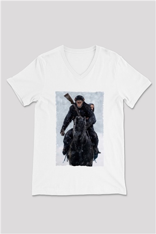 Unisex Maymunlar Cehennemi Savaş (War for the Planet of the Apes) Baskılı Beyaz V Yaka Tshirt