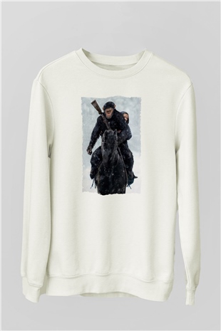 Unisex Maymunlar Cehennemi Savaş (War for the Planet of the Apes) Baskılı Beyaz Sweatshirt