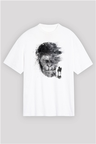 Unisex Maymunlar Cehennemi Savaş (War for the Planet of the Apes) Baskılı Beyaz Oversize T-shirt