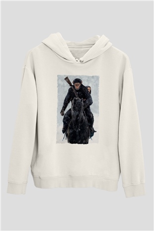 Unisex Maymunlar Cehennemi Savaş (War for the Planet of the Apes) Baskılı Beyaz Kapüşonlu Sweatshirt