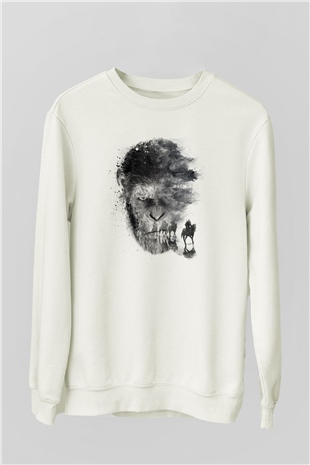 Unisex Maymunlar Cehennemi Savaş (War for the Planet of the Apes) Baskılı Beyaz Sweatshirt