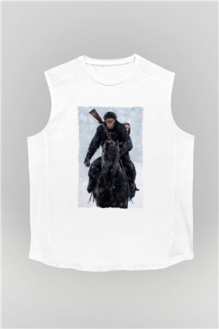 Unisex Maymunlar Cehennemi Savaş (War for the Planet of the Apes) Baskılı Beyaz Kolsuz Tshirt