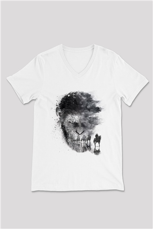 Unisex Maymunlar Cehennemi Savaş (War for the Planet of the Apes) Baskılı Beyaz V Yaka T-shirt