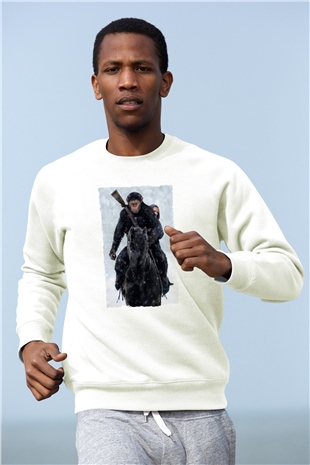 Unisex Maymunlar Cehennemi Savaş (War for the Planet of the Apes) Baskılı Beyaz Sweatshirt