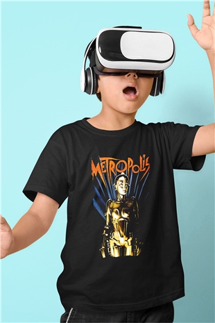 Unisex Metropolis Baskılı Siyah Çocuk Tişört