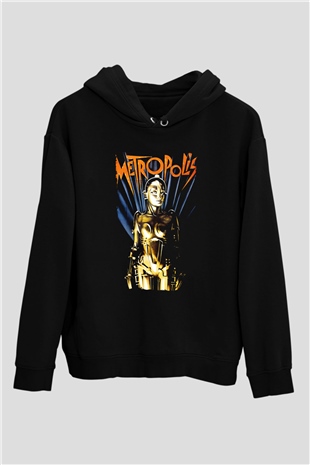 Unisex Metropolis Baskılı Siyah Kapüşonlu Sweatshirt