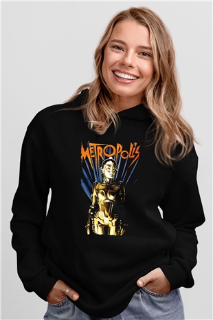 Unisex Metropolis Baskılı Siyah Kapüşonlu Sweatshirt