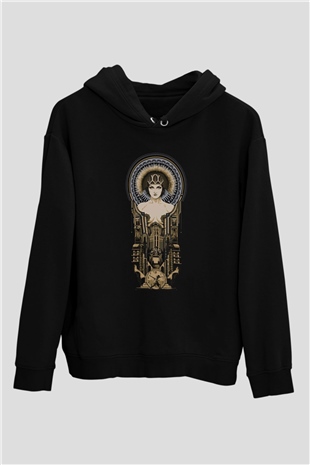Unisex Metropolis Baskılı Siyah Kapüşonlu Sweatshirt