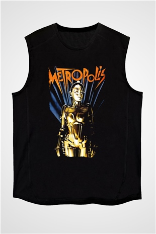 Unisex Metropolis Baskılı Siyah Kolsuz Tişört