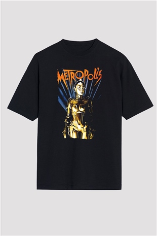 Unisex Metropolis Baskılı Siyah Oversize Tişört