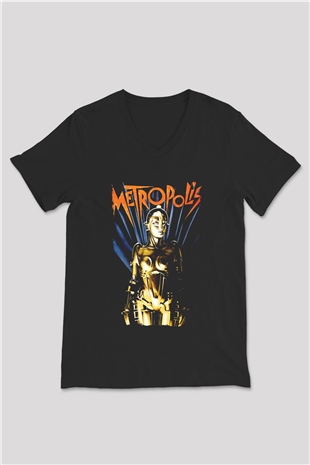 Unisex Metropolis Baskılı Siyah V Yaka Tişört