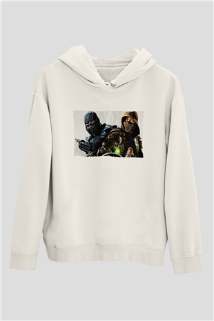 Unisex Mortal Kombat Baskılı Beyaz Kapüşonlu Sweatshirt