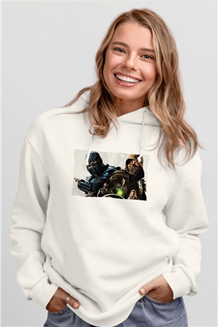 Unisex Mortal Kombat Baskılı Beyaz Kapüşonlu Sweatshirt