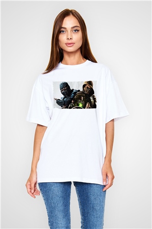 Unisex Mortal Kombat Baskılı Beyaz Oversize Tişört