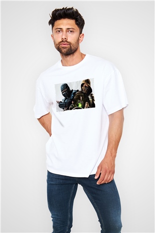 Unisex Mortal Kombat Baskılı Beyaz Oversize Tişört