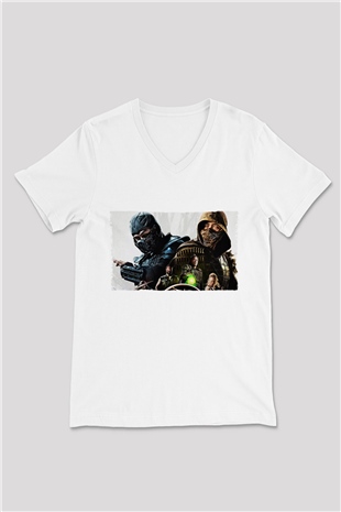 Unisex Mortal Kombat Baskılı Beyaz V Yaka Tişört