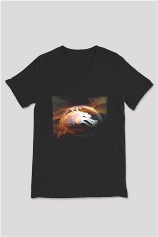 Unisex Mortal Kombat Baskılı Siyah Unisex V Yaka Tişört