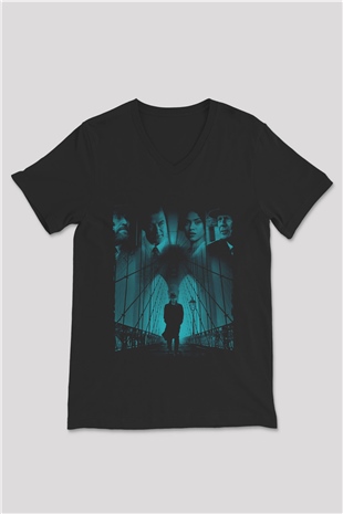 Unisex Motherless Brooklyn Baskılı Siyah V Yaka Tshirt
