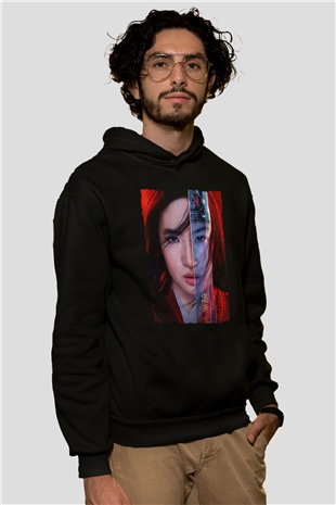 Unisex Mulan Baskılı Siyah Kapüşonlu Sweatshirt