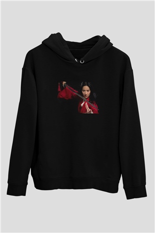Unisex Mulan Baskılı Siyah Kapüşonlu Sweatshirt