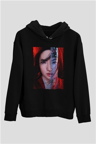 Unisex Mulan Baskılı Siyah Kapüşonlu Sweatshirt