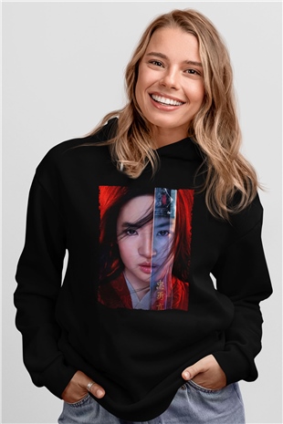 Unisex Mulan Baskılı Siyah Kapüşonlu Sweatshirt
