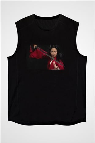 Unisex Mulan Baskılı Siyah Kolsuz Tshirt