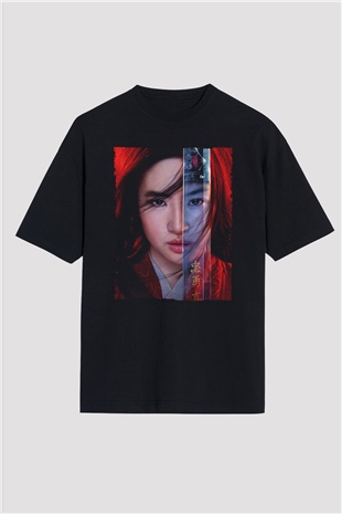 Unisex Mulan Baskılı Siyah Oversize T-shirt