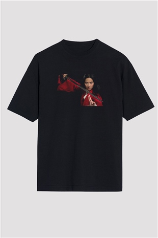 Unisex Mulan Baskılı Siyah Oversize Tshirt