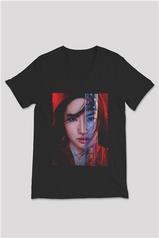 Unisex Mulan Baskılı Siyah V Yaka T-shirt