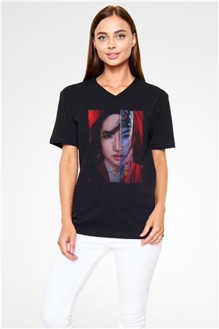 Unisex Mulan Baskılı Siyah V Yaka T-shirt