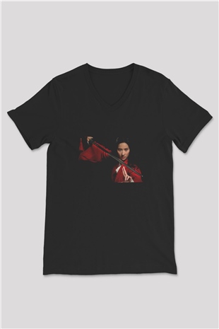 Unisex Mulan Baskılı Siyah V Yaka Tshirt
