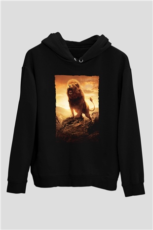 Unisex Narnia Günlükleri Aslan, Cadı ve Dolap (The Chronicles of Narnia The Lion, the Witch and the Wardrobe) Baskılı Siyah Kapüşonlu Sweatshirt