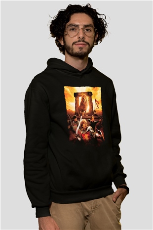 Unisex Narnia Günlükleri Aslan, Cadı ve Dolap (The Chronicles of Narnia The Lion, the Witch and the Wardrobe) Baskılı Siyah Kapüşonlu Sweatshirt