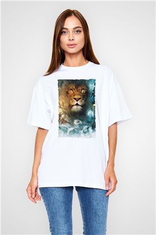 Unisex Narnia Günlükleri Aslan, Cadı ve Dolap Baskılı Beyaz Oversize Tişört