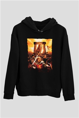 Unisex Narnia Günlükleri Aslan, Cadı ve Dolap (The Chronicles of Narnia The Lion, the Witch and the Wardrobe) Baskılı Siyah Kapüşonlu Sweatshirt