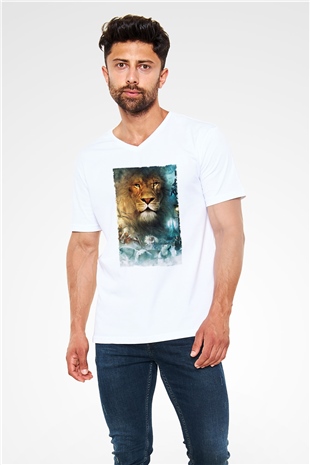 Unisex Narnia Günlükleri Aslan, Cadı ve Dolap Baskılı Beyaz V Yaka Tişört