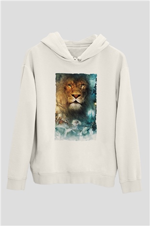 Unisex Narnia Günlükleri Aslan, Cadı ve Dolap Baskılı Beyaz Kapüşonlu Sweatshirt