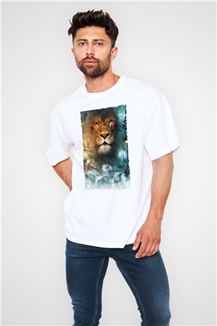 Unisex Narnia Günlükleri Aslan, Cadı ve Dolap Baskılı Beyaz Oversize Tişört
